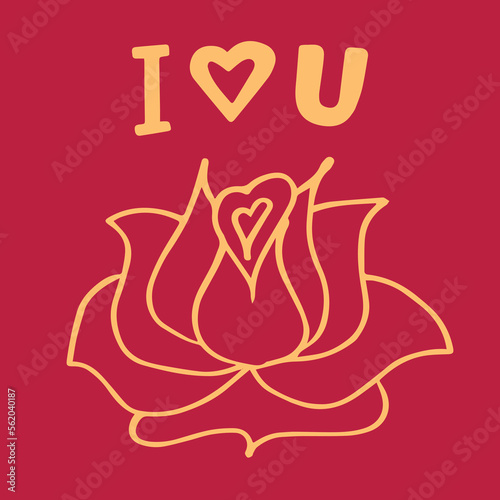 Saint Valentine's greeting card with flower in doodle style. I love you hand drawn lettering.