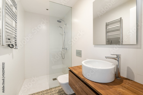 Bathroom with small round white sink on long wooden countertop floating in air. Mirror above round sink reflects radiator heater on opposite wall. Shower area is separated by glass railing.
