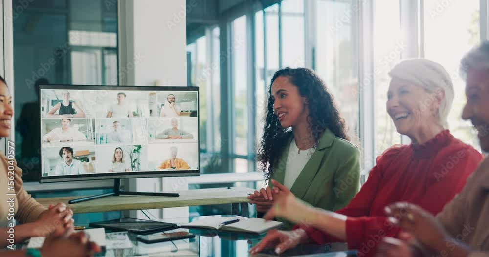 Team conversation, video call and online meeting with business people, screen and communication with discussion. Internet, webinar and meeting, teamwork and collaboration, corporate video conference