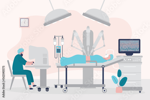 Surgeon device, medical operation equipment. Robotic surgery. Robotic arms, doctor monitoring and assisting with controllers. Surgical doctor robot for operating people,
