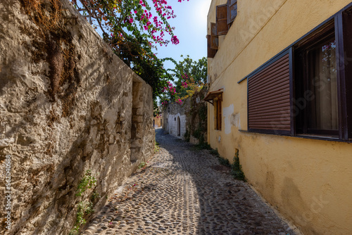 Fototapeta Naklejka Na Ścianę i Meble -  Streets and Residential Homes in the historic Old Town of Rhodes, Greece. Sunny Morning.