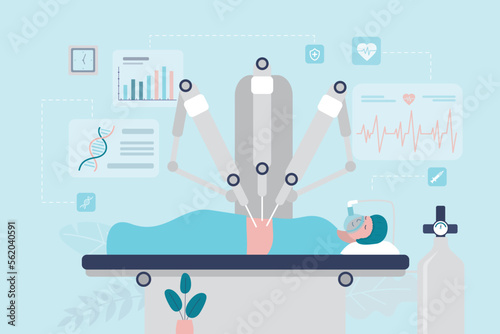 Robotic surgery, innovate technology. Surgical doctor robot for operating people, biomedical robotics machine surgeon device treatment. Healthcare, medical operation equipment.