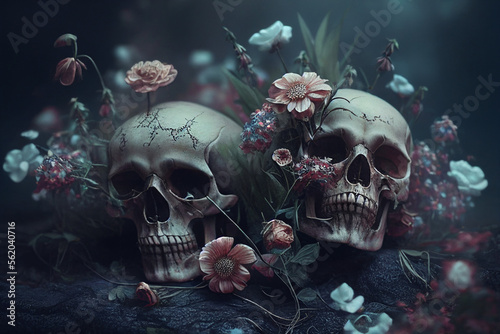 Skull on the ground, beautiful flowers growing around the skull With Generative AI
