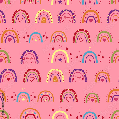 Seamless pattern with BOHO rainbows, hearts, and stars