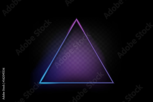 Neon color light triangle frame. Retro fluorescent border. Object on gradient background vector. Neon line in graphic style.