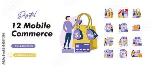Mobile commerce concept set. Buyers make purchases in app, smart online shopping. People isolated scenes in flat design. business flat bundle illustration