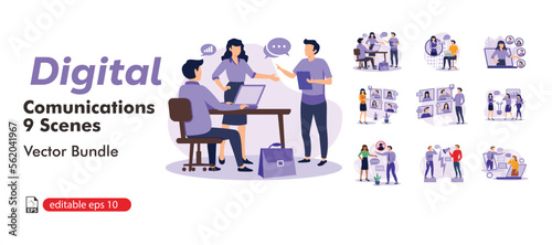 Team communication abstract concept vector illustration set. Meeting and brainstorm, online meetup, corporate presentation, creative ideas and solutions, teamwork. business flat bundle illustration. © Alwie99d