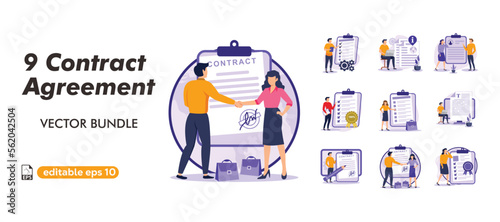 Man Character Standing near Contract Document, Reading Privacy Policy and Terms and Conditions. Businessman Signing Contract. Contract Agreement Concept.business flat bundle illustration