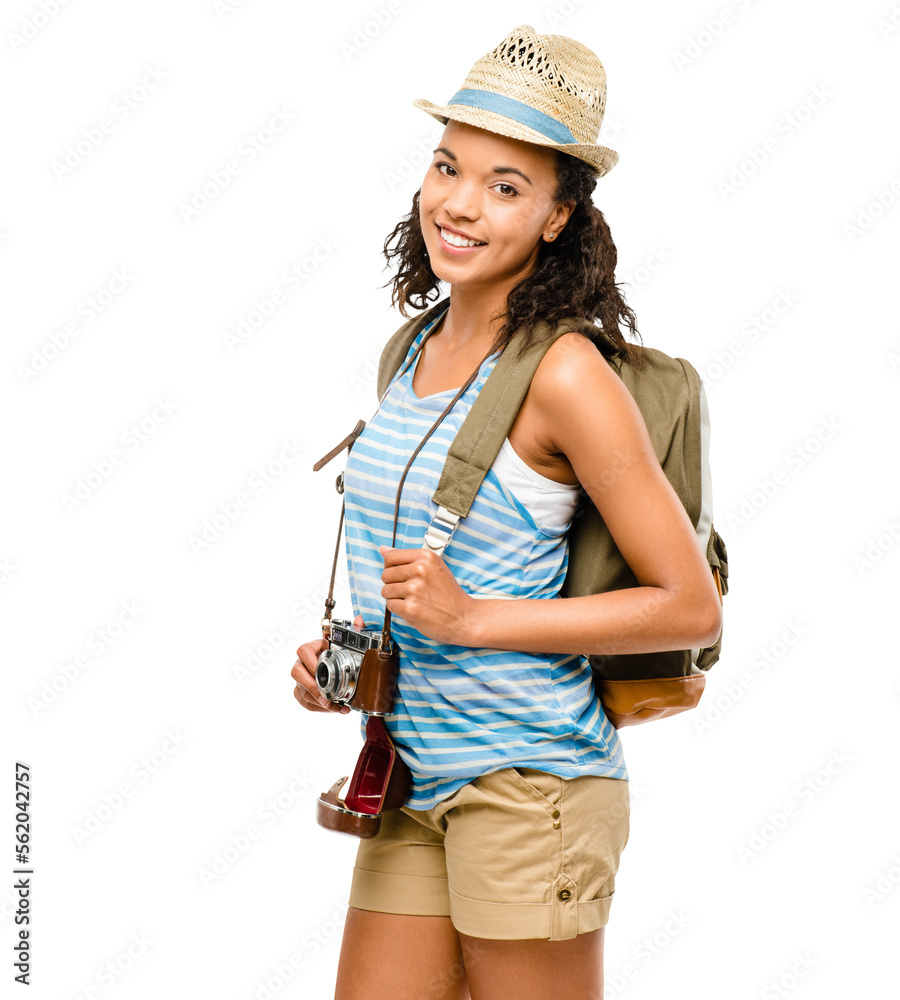PNG of a happy young woman ready to travel isolated on a PNG background. PNG of a happy young woman ready to travel isolated on a PNG background.