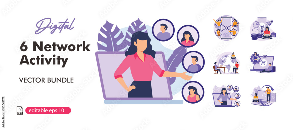 Network activity. Customer attention and business communication monitoring and optimization. Using network for posting and sharing content, global comunication idea.business flat bundle illustration. - obrazy, fototapety, plakaty 