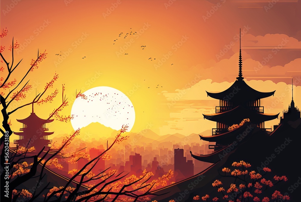 sunset in spring kyoto, vector illustration sunset in spring kyoto, vector illustration