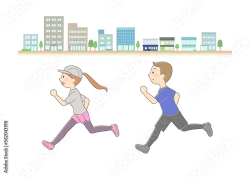 街並みを背にジョギングする男女カップル