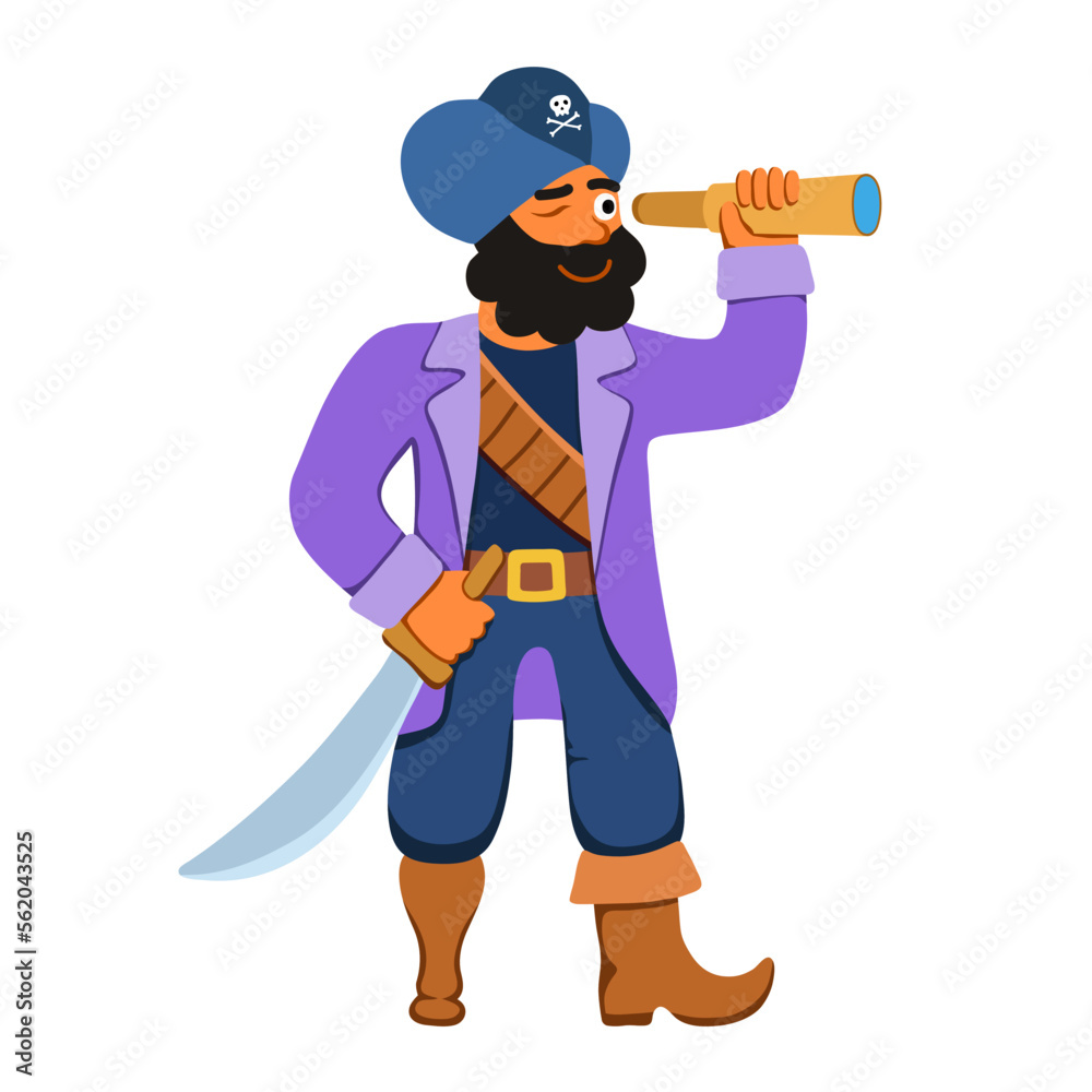 Indian one-legged pirate in turban, sword and spyglass, pirate in Arabian headdress. Vector illustration of a sea robber from the east in a flat and cartoon style for children Indian one-legged pirate in turban, sword and spyglass, pirate in Arabian headdress. Vector illustration of a sea robber from the east in a flat and cartoon style for children