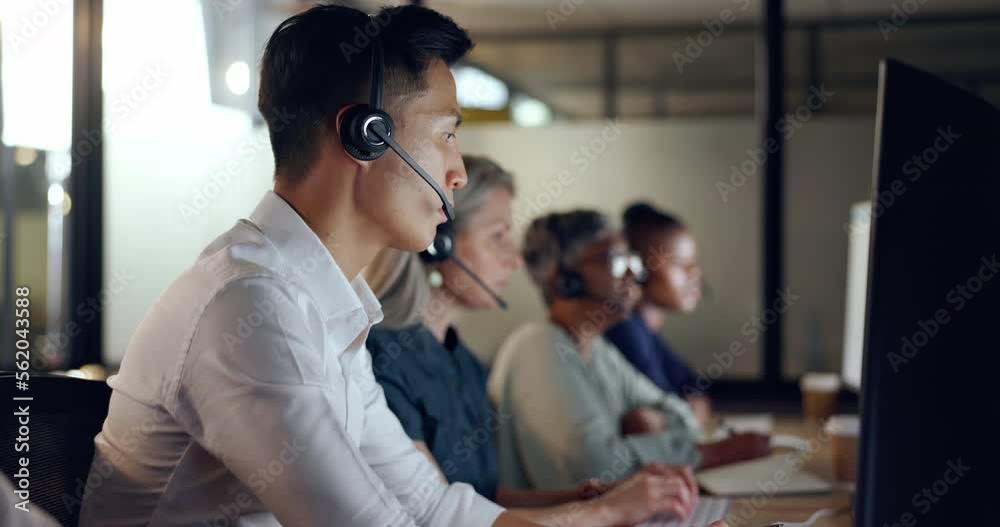 Call center worker, man and contact us, CRM and phone call with communication, computer and headset. Telemarketing, customer service or tech support, talk to client with diversity and Asian agent