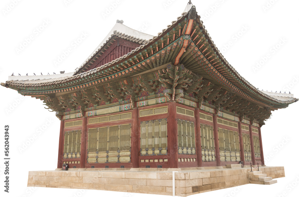 Isolated PNG cutout of a traditional and luxurious Korean house on a transparent background, ideal for photobashing, matte-painting, concept art