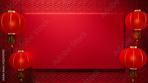 Chinese New Year Design Background, with Rectangle Frame and Lanterns on 3D Pattern. Red Eastern Template with copy-space.