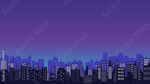 An illustration of a city building with lots of windows in the buildings and twinkling lights