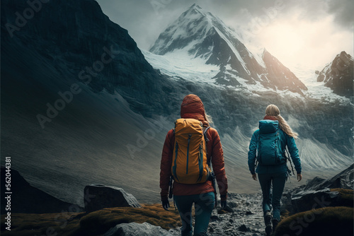 A group of hikers trekking through a mountain range - AI generated image
