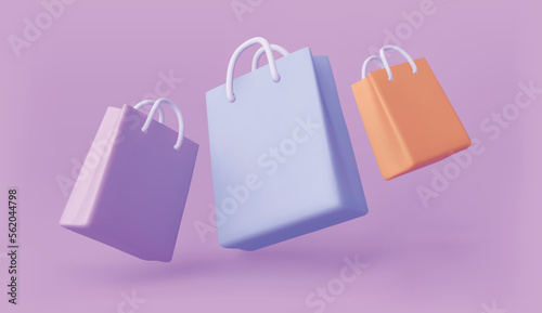 Three colorful shopping paper bags. 3d rendering.