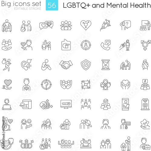 LGBTQ and mental health linear icons set. Inclusion and support programs. Freedom to be yourself. Customizable thin line symbols. Isolated vector outline illustrations. Editable stroke