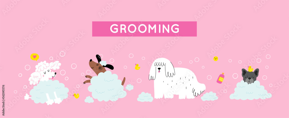Cute cartoon dog Happy Grooming. Pet washing service flat vector illustration. Happy bathing pet 