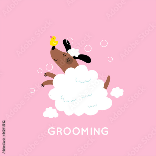 Cute cartoon dog Happy Grooming. Pet washing service flat vector illustration. Happy bathing pet 