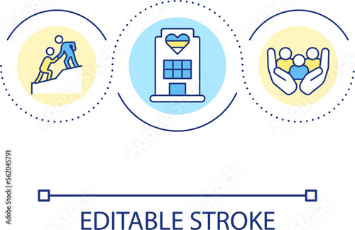 Public centers for vulnerable people support loop concept icon. Provide helping programs abstract idea thin line illustration. Isolated outline drawing. Editable stroke. Arial font used