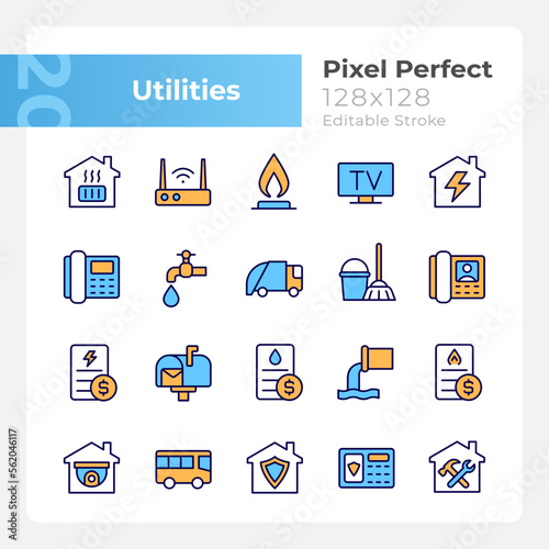 Public utilities pixel perfect RGB color icons set. Water, gas and electricity supply. House heating system. Isolated vector illustrations. Simple filled line drawings collection. Editable stroke