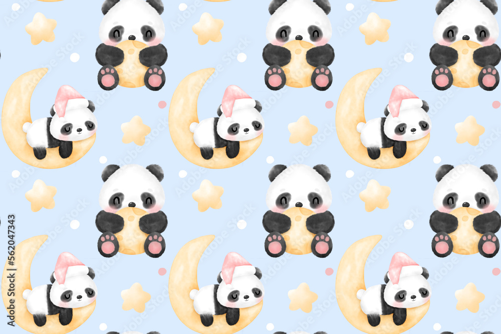 Cute Panda Watercolor Seamless Patterns