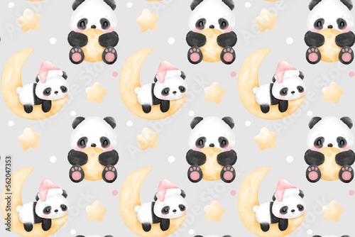 Fototapeta Naklejka Na Ścianę i Meble -  Cute Panda Watercolor Seamless Patterns