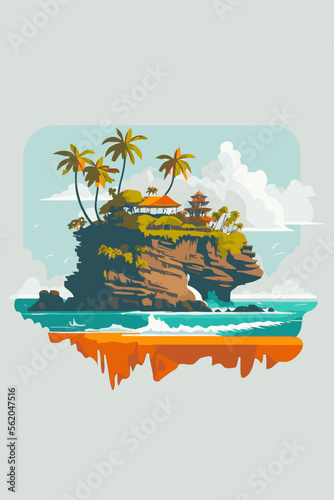 tanah Lot hindu temple, Bali tropical sea island poster flat vector