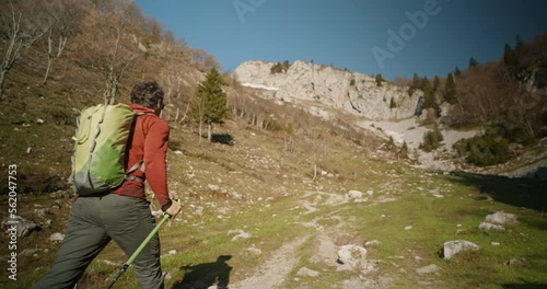 Camera tracking from behind a hiker walking on a path on a mountain, deciduoud tees without leaves, clear sky.