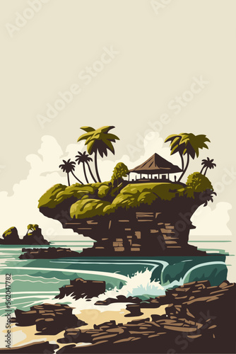 tanah Lot hindu temple, Bali tropical sea island poster flat vector