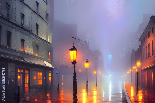 City streets on a foggy night. Retro style urban night background. Digital illustration. CG Artwork Background