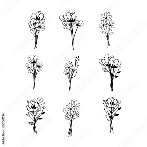 Black line doodle Little Bouquet Flowers on white background. Vector illustration about nature.
