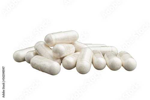 White medical capsules or pills for treatment isolated on transparent background, medicine and healthcare concept, close-up view