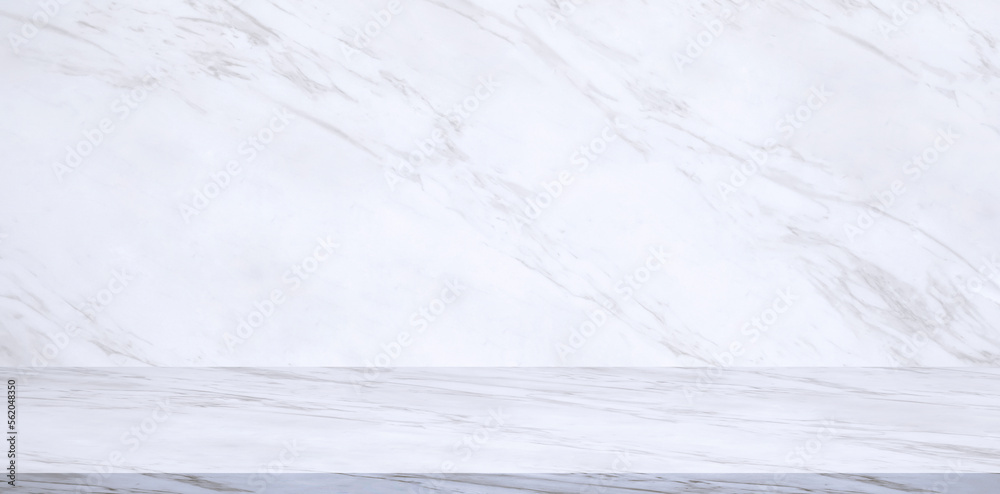 Background of empty white marble tabletop with studio wall room in panoramic view for well editing montage display product and text present on free space backdrop Background of empty white marble tabletop with studio wall room in panoramic view for well editing montage display product and text present on free space backdrop