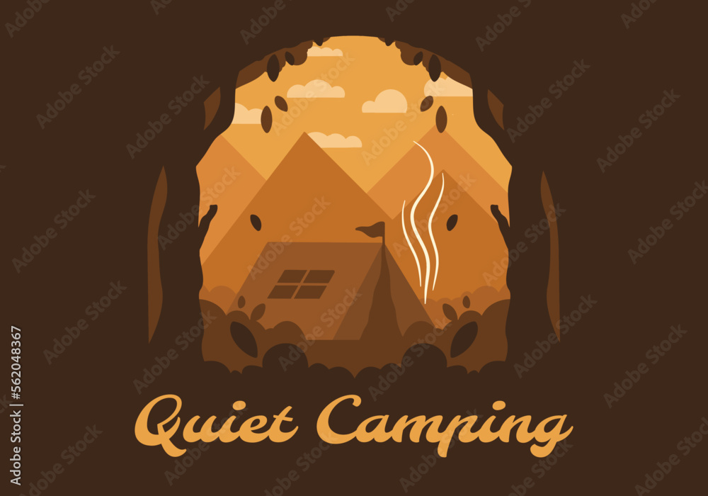 Colorful flat illustration of outdoor camping in the forest with mountain view