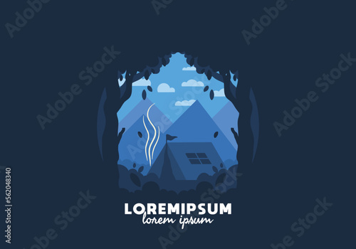 Colorful flat illustration of outdoor camping in the forest with mountain view