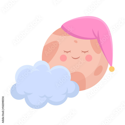 Cute moon in a sleeping cap hid behind the cloud, vector illustration. Cartoon drawing of lullaby element for children isolated on white background. Bedtime, decoration concept