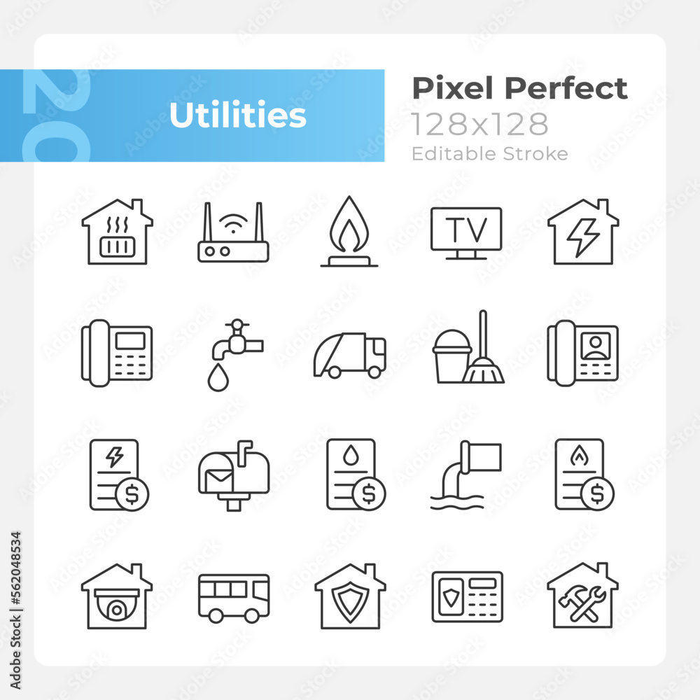 Public utilities pixel perfect linear icons set. Water, gas and electricity supply. House heating system. Customizable thin line symbols. Isolated vector outline illustrations. Editable stroke Public utilities pixel perfect linear icons set. Water, gas and electricity supply. House heating system. Customizable thin line symbols. Isolated vector outline illustrations. Editable stroke