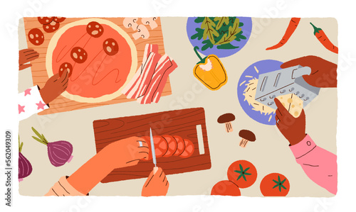 Cook process, above top view. Family hands cooking pizza together, preparing home dish from food ingredients, cheese, tomato, bacon, meat. Homemade eating preparation. Flat vector illustration
