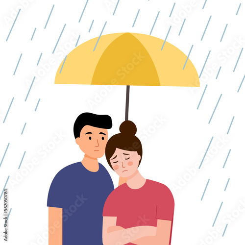 Man comforting depressed crying female friend. He help relief stress from his partner. Woman crying and man holding umbrella to prevent falling rain in flat design.