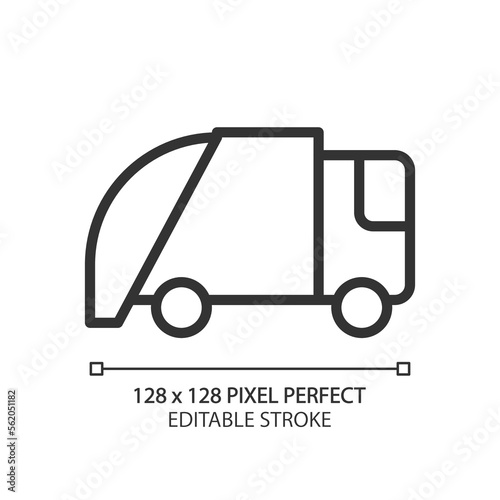 Waste disposal pixel perfect linear icon. Garbage management. Transportation of trash to landfill. Public utility. Thin line illustration. Contour symbol. Vector outline drawing. Editable stroke