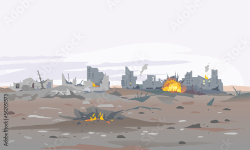 Destroyed city concept landscape background illustration, building between the ruins and concrete, war destruction panorama, city quarter after earthquake