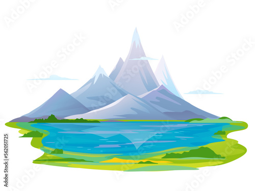 Lake in the picturesque valley near the high mountains with sharp peaks and green piedmont, nature landscape, travel illustration isolated
