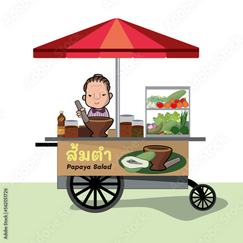 Thai food vendor, street food in Thailand som tum, papaya salad Thai style