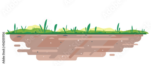 Soil with grass in flat style, green grass with soil in side view isolated