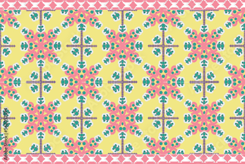 Ethnic boho pattern with geometric in bright colors. Design for carpet, wallpaper, clothing, wrapping, batik, fabric, Vector illustration