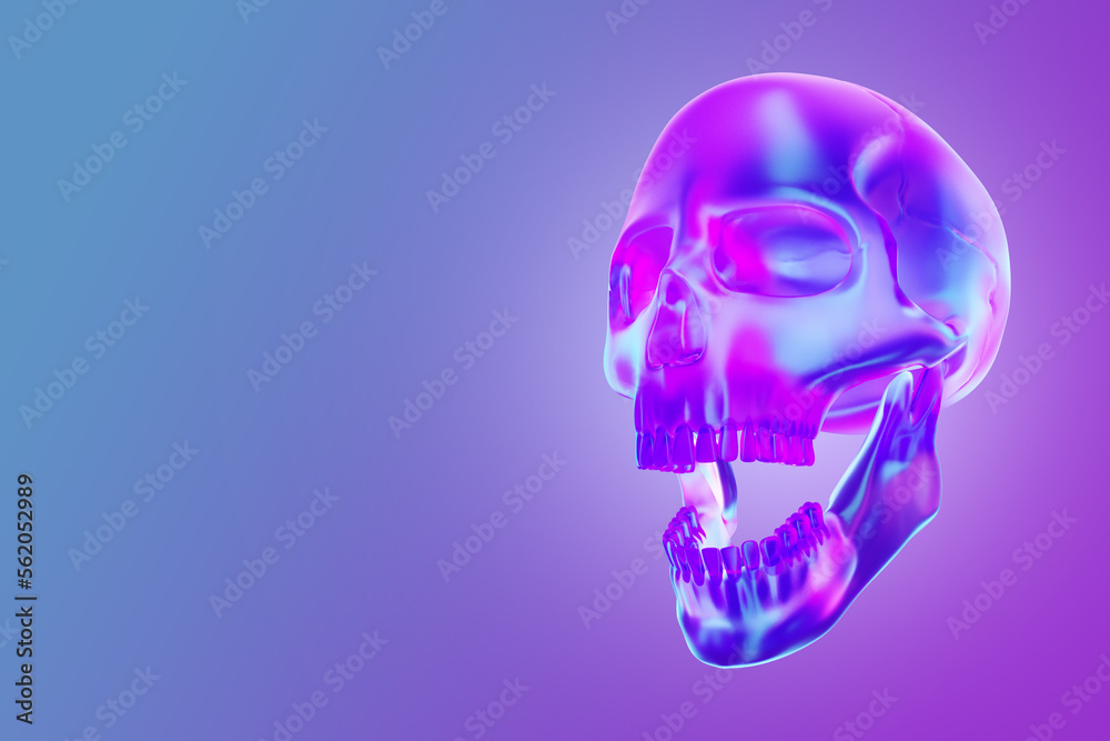 A lilac pearlescent glass skull. Copy Space, 3D rendering, 3D illustration.